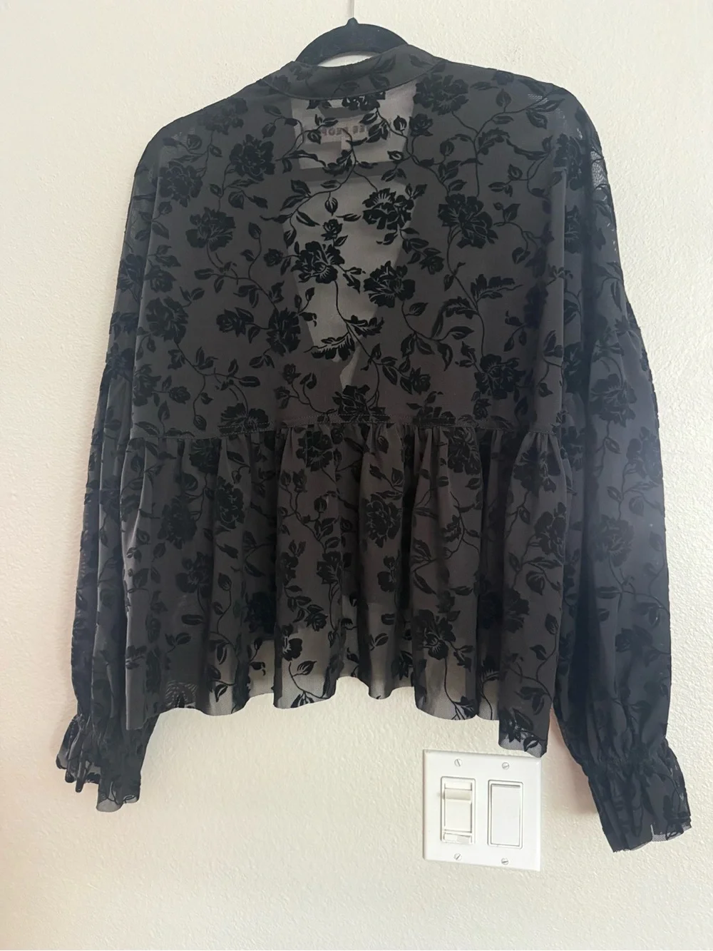 Free People Wednesday Bed Jacket Sheer Floral Velvet Tie-Front Blouse - Black